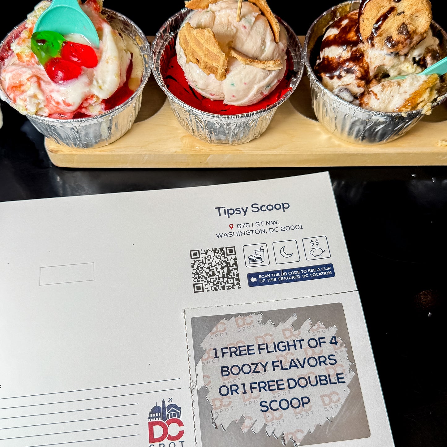 An exclusive deal page for Tipsy Scoop featured in the Washington DC Discovery Book, highlighting unique things to do in DC.
