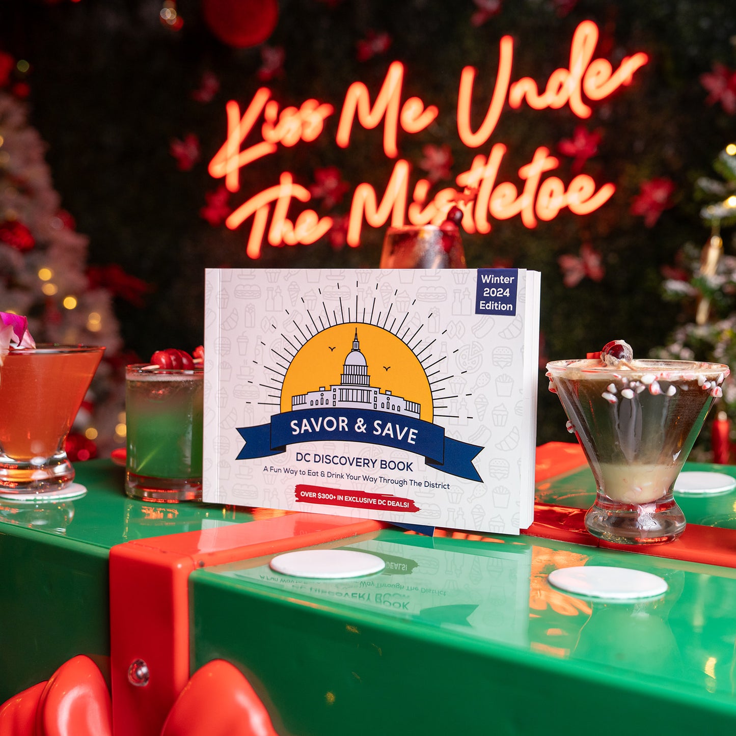 The Washington DC Discovery Book, showcasing things to do and places to visit in DC, on Christmas a present with festive holiday cocktails at Urban Roast a Washington DC restaurant.