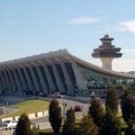Washington Dulles International Airport main terminal and control tower in Northern Virginia