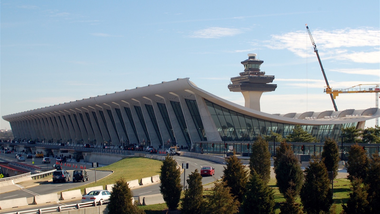 Washington Dulles International Airport main terminal and control tower in Northern Virginia