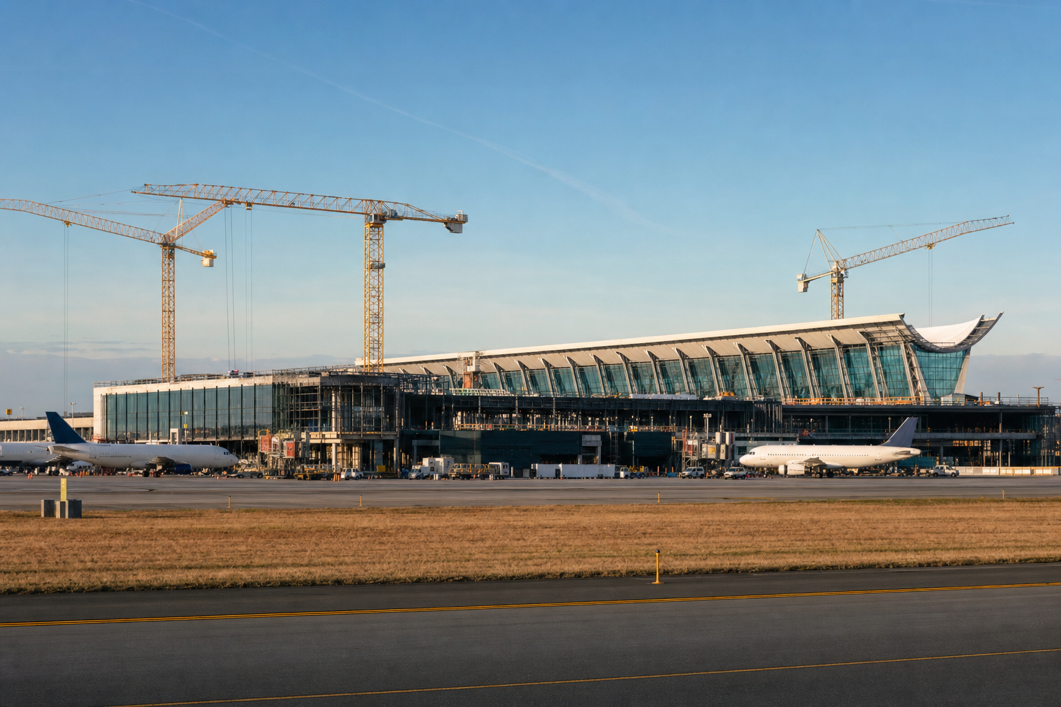 AI-generated editorial concept of a major modernization at Washington Dulles International Airport in Northern Virginia; final design may differ