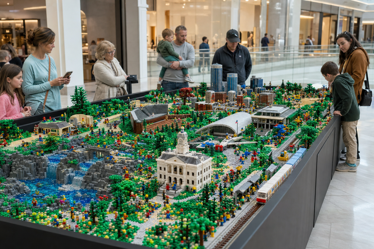 AI-generated editorial image of the Fairfax County LEGO landmark exhibit at Tysons Corner Center