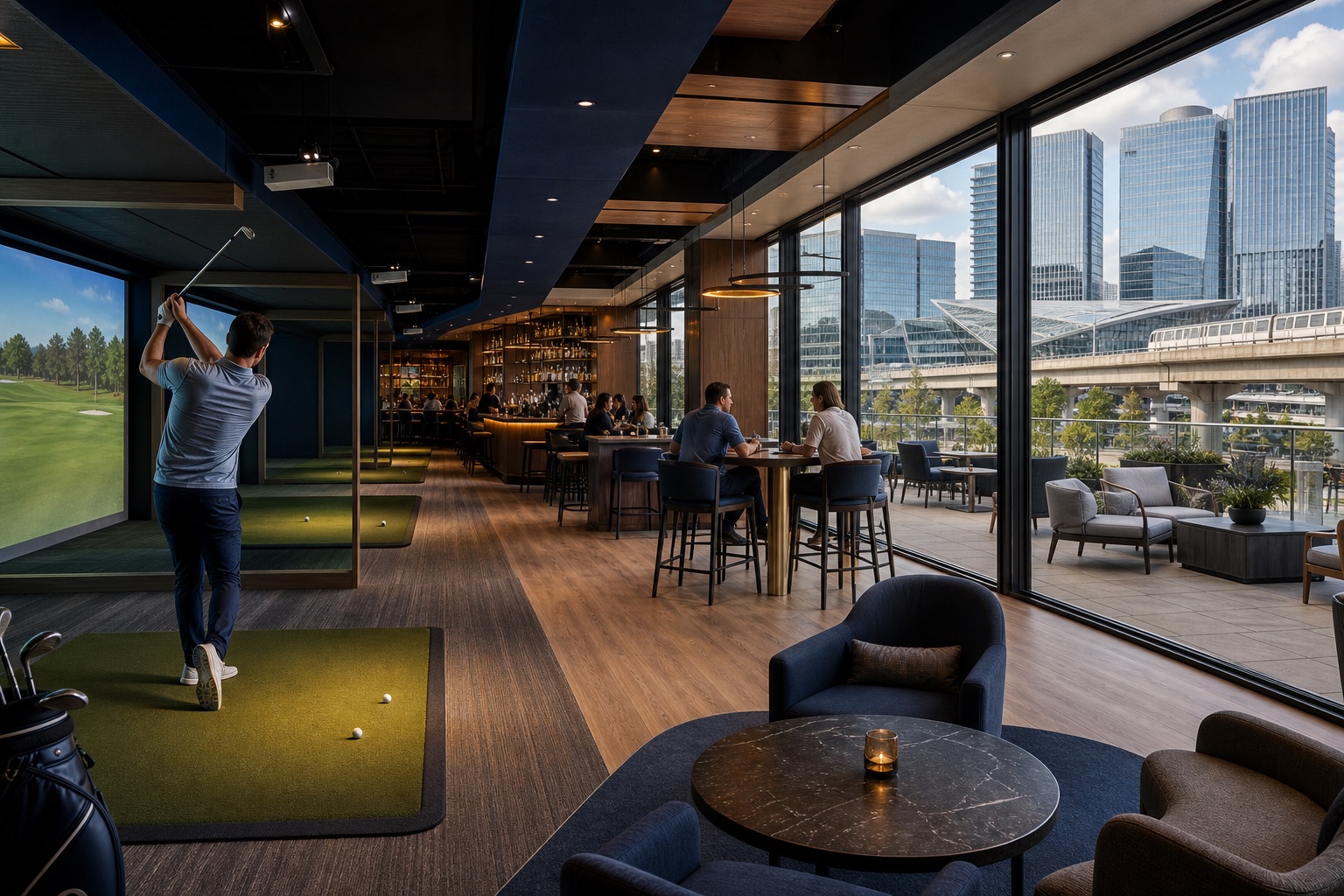 AI-generated editorial concept of Five Iron Golf at Capital One Center in Tysons