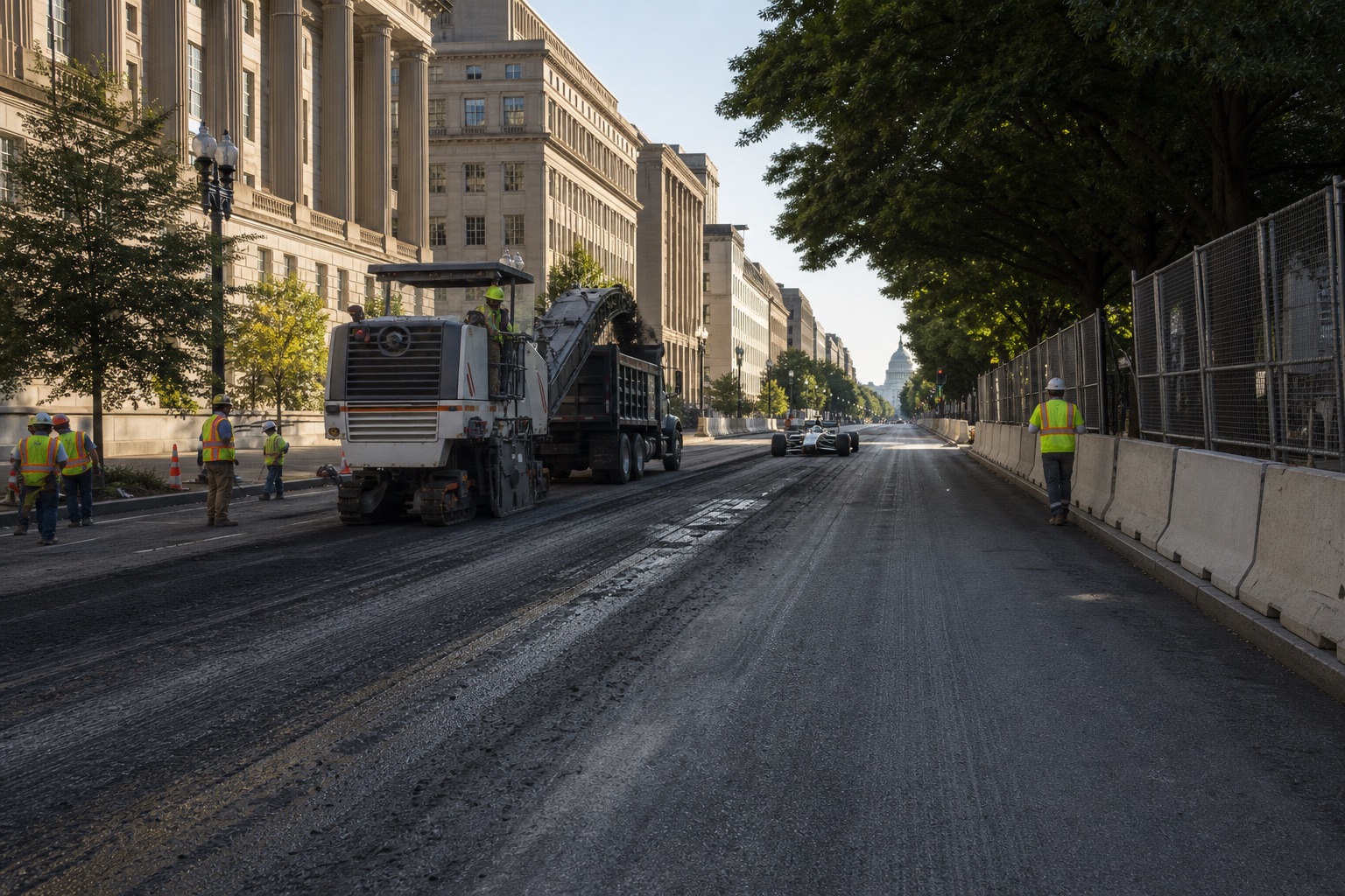 AI-generated editorial image of Pennsylvania Avenue being prepared for the Freedom 250 IndyCar race in Washington DC