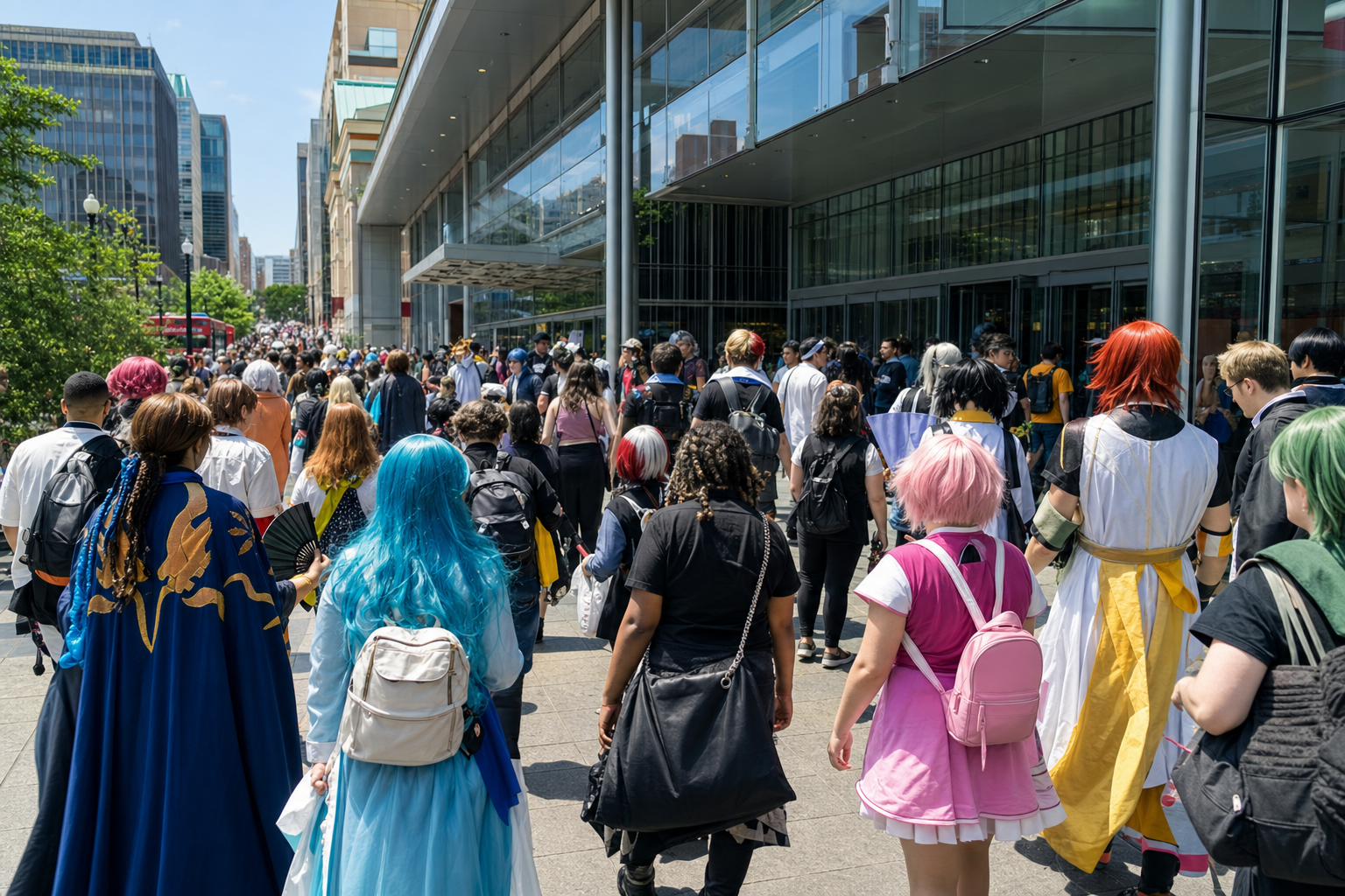 AI-generated editorial image of an anime convention crowd outside a Washington DC convention center