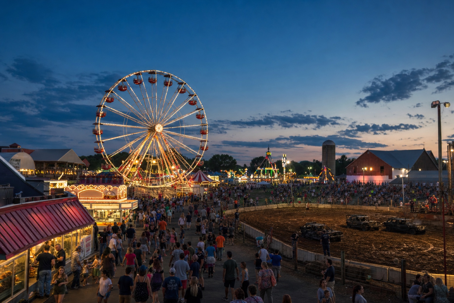 DC Spot editorial illustration of a summer county fair midway with a Ferris wheel and demolition derby arena