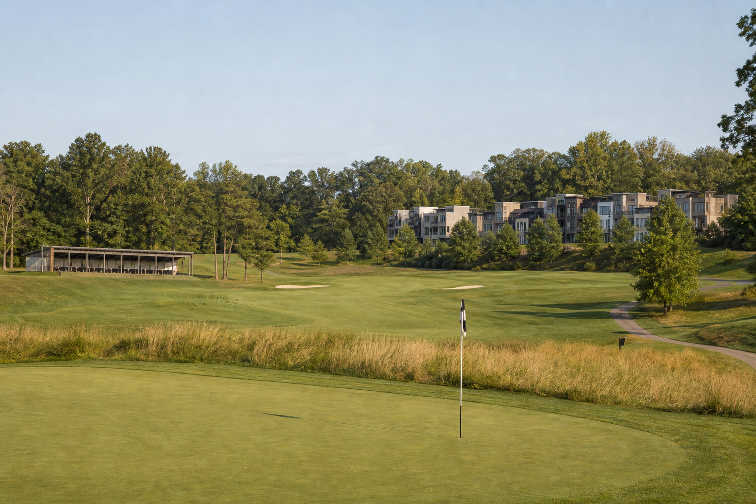 AI-generated editorial concept of Reston National Golf Course with proposed stacked townhomes and a driving range; final design may differ