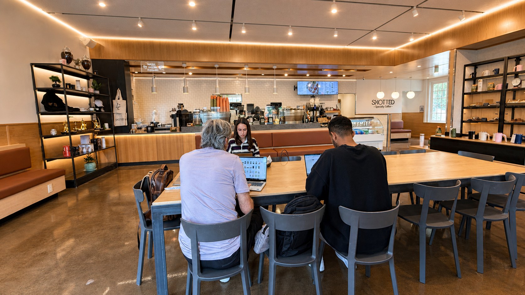 Customers working inside the new Shotted Coffee café in West Falls Church
