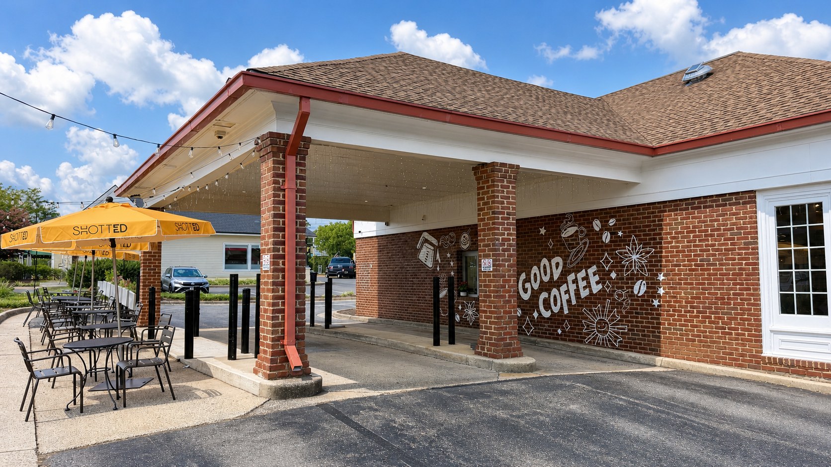 Shotted Coffee drive-thru pickup lane, Good Coffee mural and outdoor seating in West Falls Church