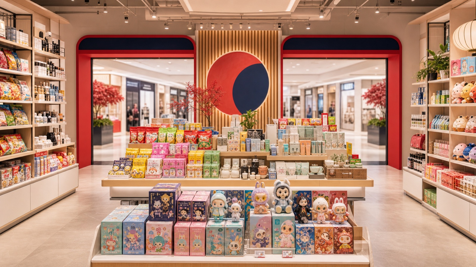 DC Spot editorial illustration of a colorful Asian lifestyle store with snacks beauty products home goods and collectibles