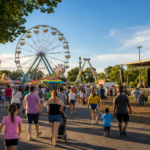 AI-generated editorial image of a Northern Virginia summer county fair with carnival rides and live music