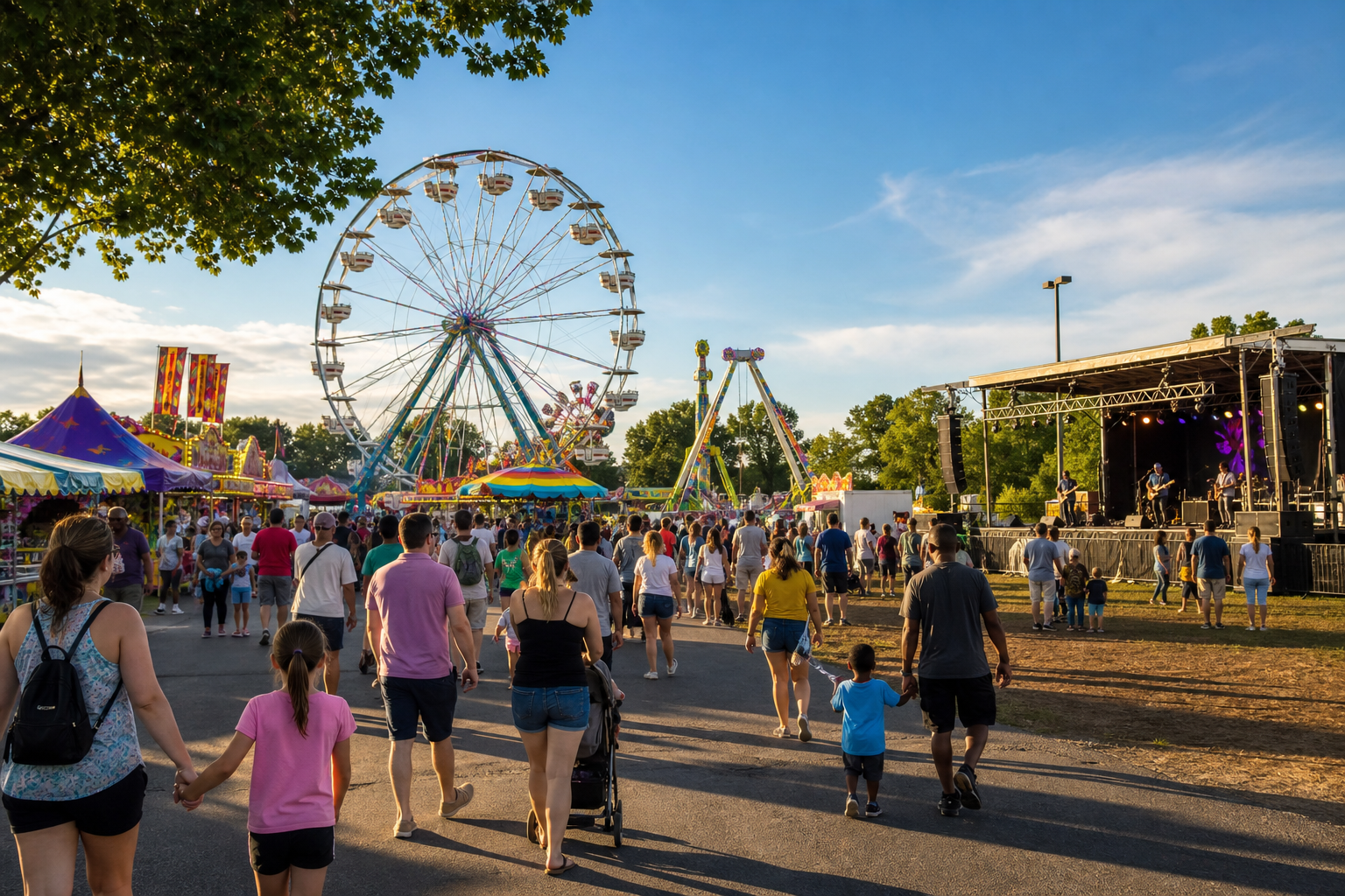 AI-generated editorial image of a Northern Virginia summer county fair with carnival rides and live music