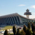 Washington Dulles International Airport main terminal and control tower in Northern Virginia
