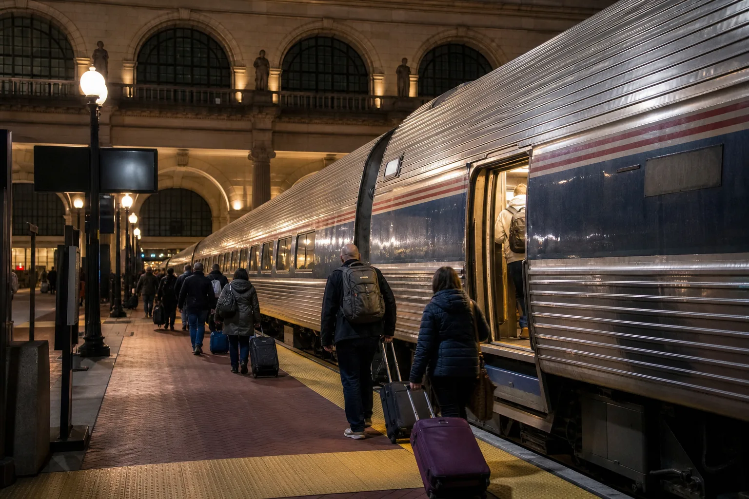 AI-generated editorial image of a Northeast Corridor passenger train boarding at Washington Union Station at night