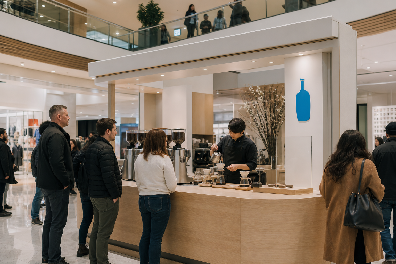 AI-generated editorial concept of a Blue Bottle Coffee kiosk at Tysons Corner Center in Virginia