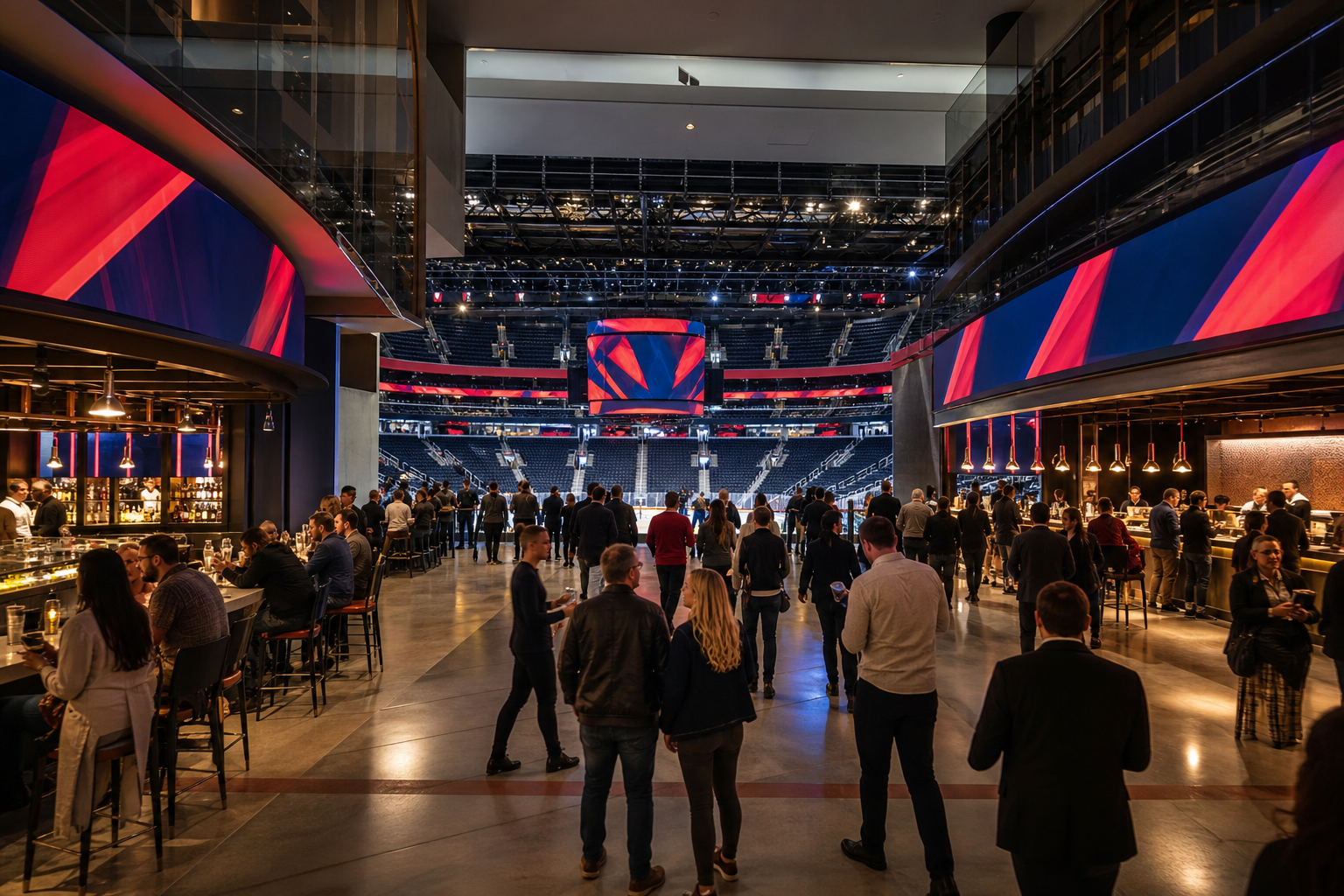 Editorial concept of a renovated Washington DC arena concourse opening toward the seating bowl