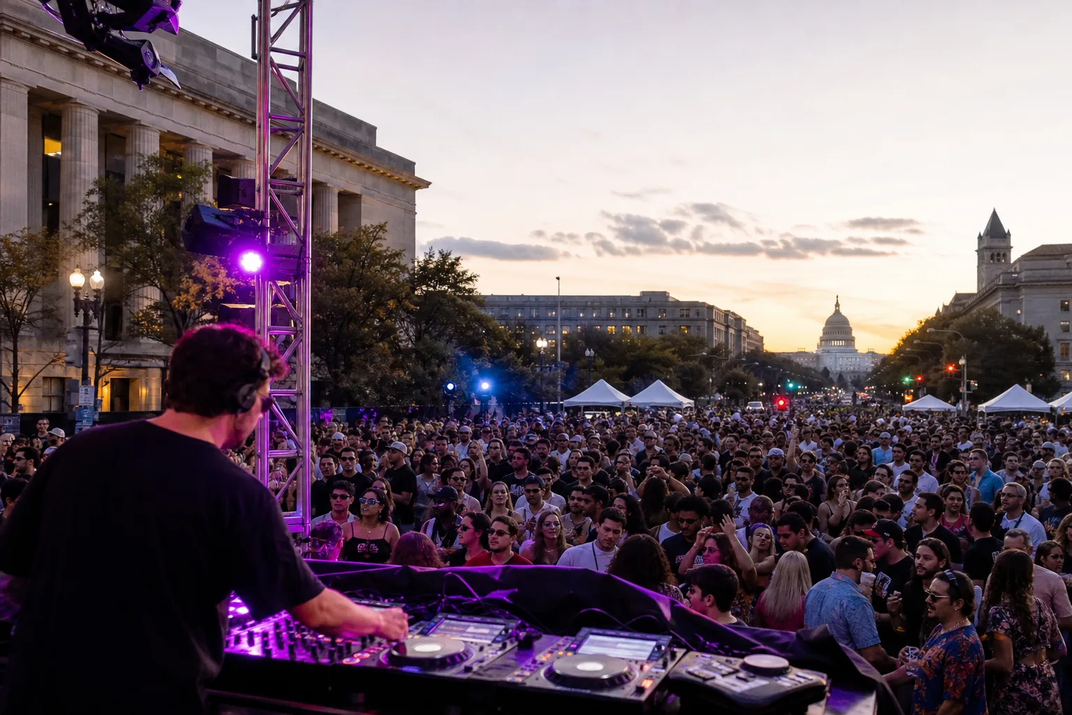 AI-generated editorial image of an outdoor electronic dance block party on Pennsylvania Avenue in Washington DC