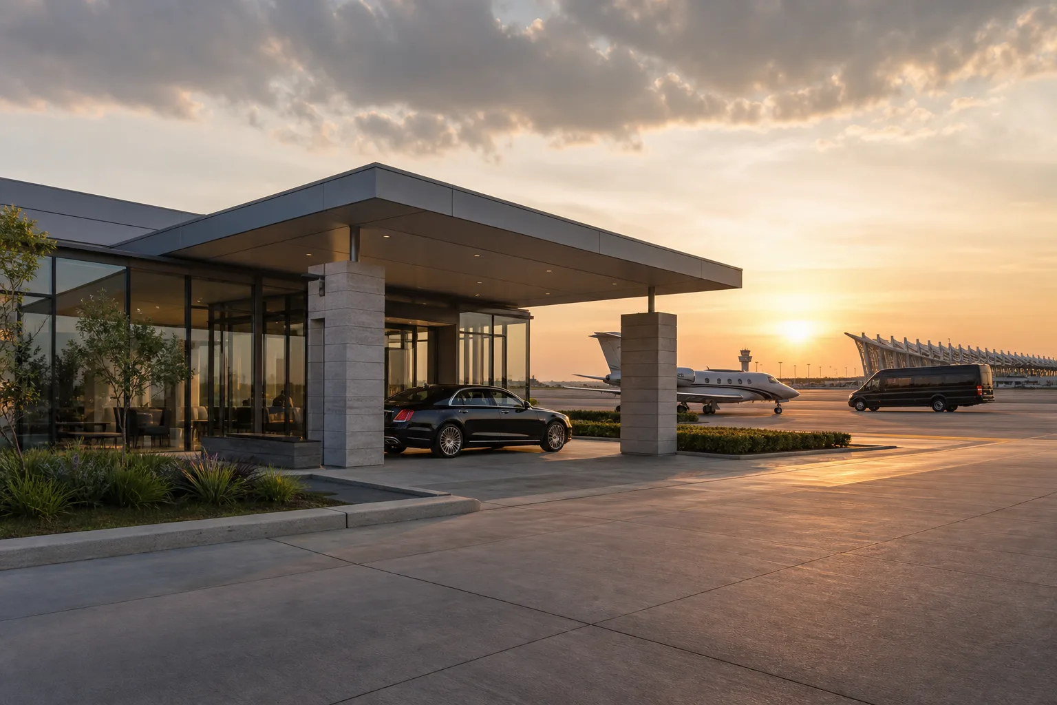 AI-generated editorial concept of a private VIP passenger facility near Washington Dulles International Airport