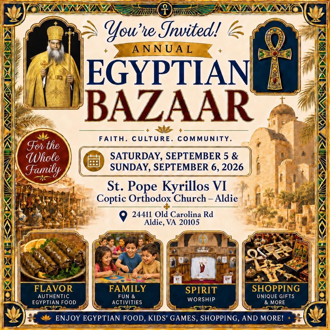 Flyer for the annual Egyptian Bazaar at St. Pope Kyrillos VI Coptic Orthodox Church in Aldie, Virginia on September 5 and 6, 2026