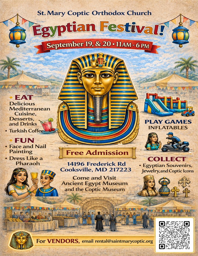 Flyer for the Egyptian Festival at St. Mary Coptic Orthodox Church in Cooksville, Maryland on September 19 and 20, 2026, 11 a.m. to 6 p.m., free admission