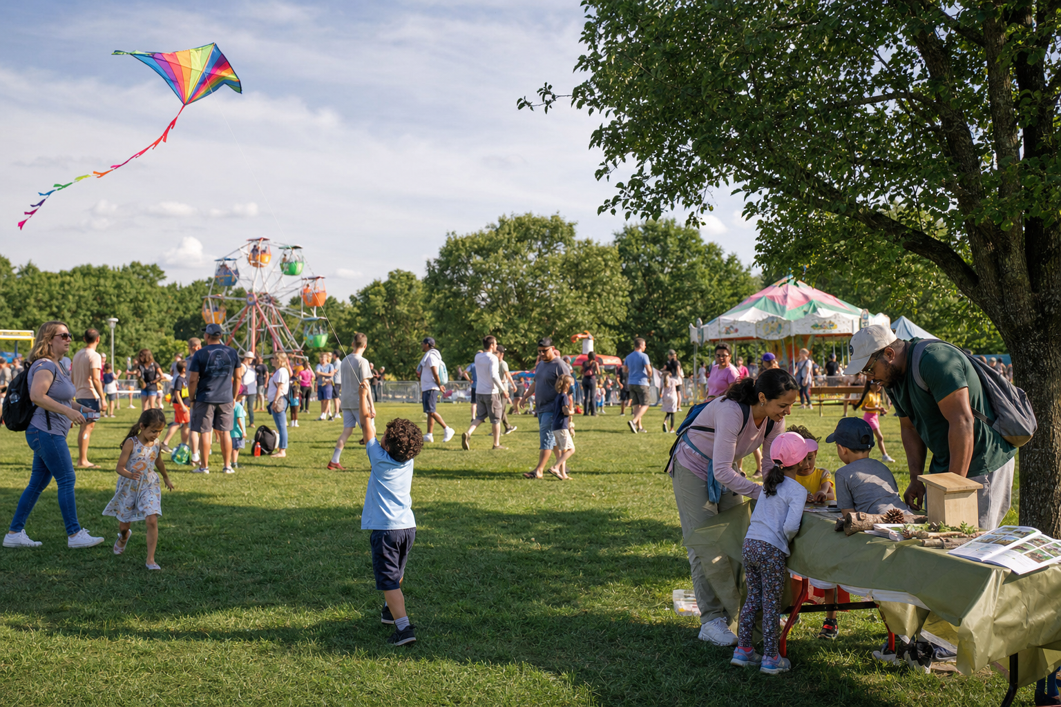 Families enjoying outdoor activities, a kite and carnival rides at a Northern Virginia community event