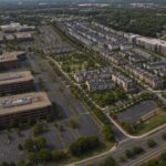 AI-generated editorial concept showing vacant Reston office buildings beside the proposed townhouses and apartments at Lake Fairfax Business Park