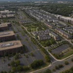 AI-generated editorial concept showing vacant Reston office buildings beside the proposed townhouses and apartments at Lake Fairfax Business Park