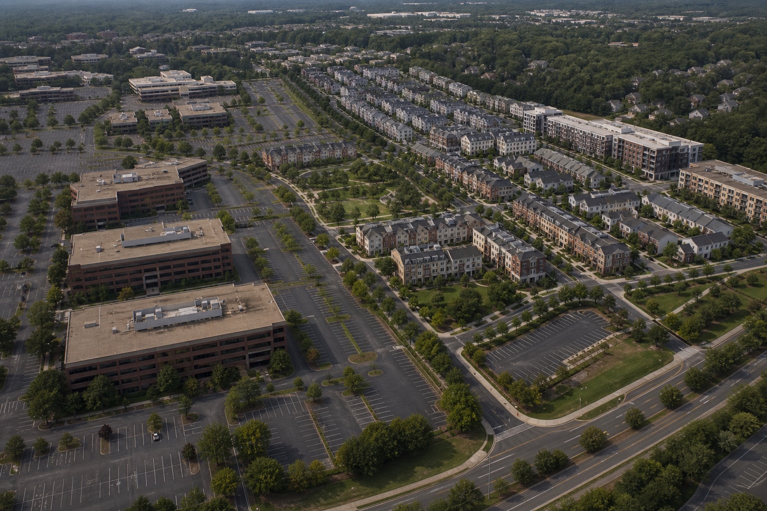 AI-generated editorial concept showing vacant Reston office buildings beside the proposed townhouses and apartments at Lake Fairfax Business Park