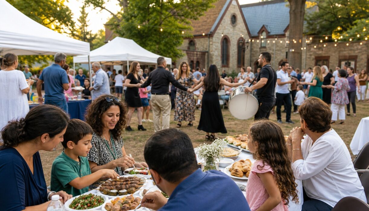 Families gathering around food tents at a Middle Eastern church festival in the DMV