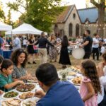 Families gathering around food tents at a Middle Eastern church festival in the DMV