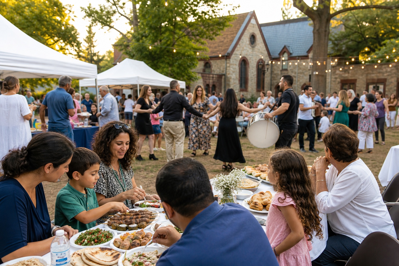 AI-generated editorial image of families sharing Middle Eastern food at a church festival in the DMV