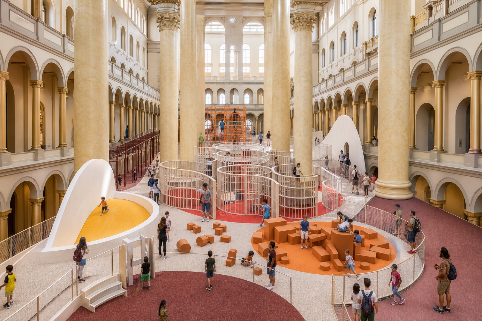 AI-generated editorial image of THE PLAYGROUND installation inside the National Building Museum Great Hall in Washington, DC