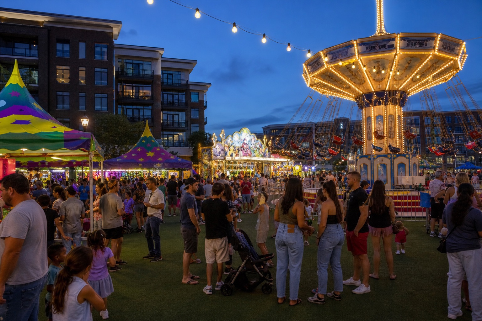 AI-generated editorial image of the One Loudoun Carnival at dusk in Ashburn, Virginia