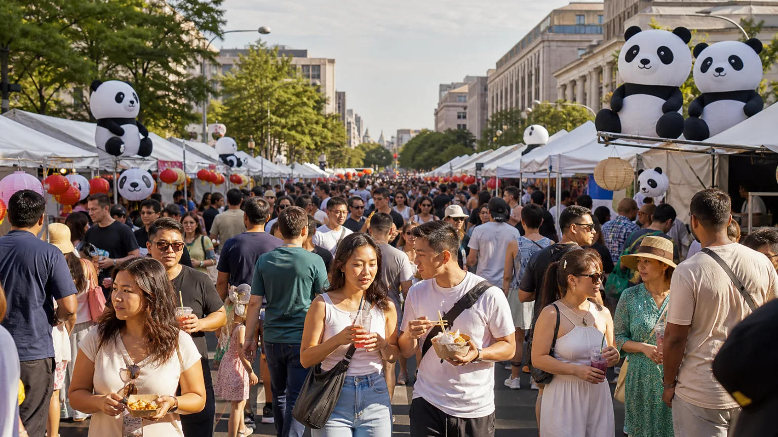 Editorial rendering of a crowded panda-themed Asian street-food festival in downtown Washington DC
