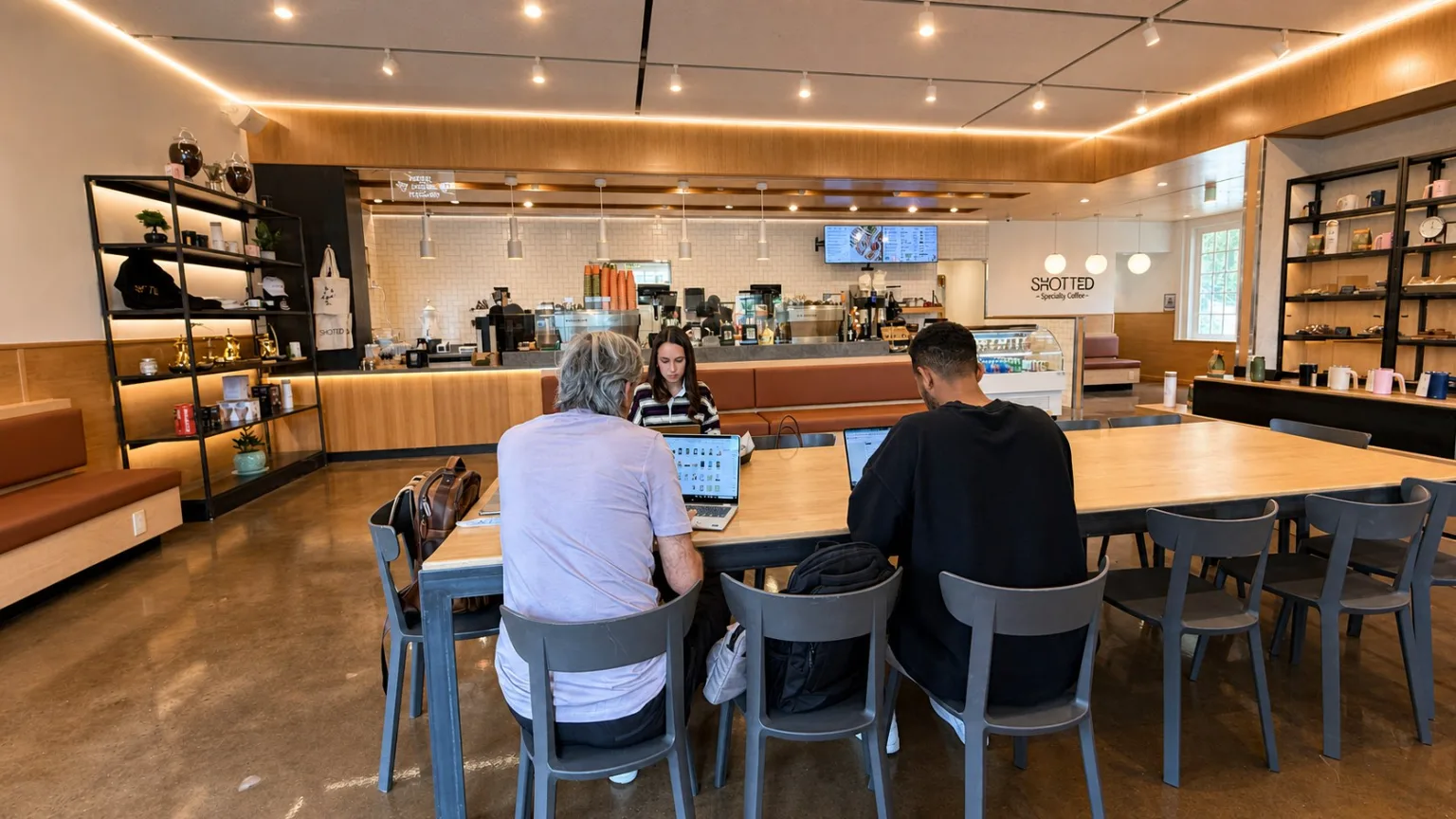 Customers working inside the new Shotted Coffee café in West Falls Church