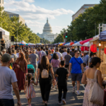 AI-generated editorial image of a Washington DC summer street festival on Pennsylvania Avenue with the U.S. Capitol