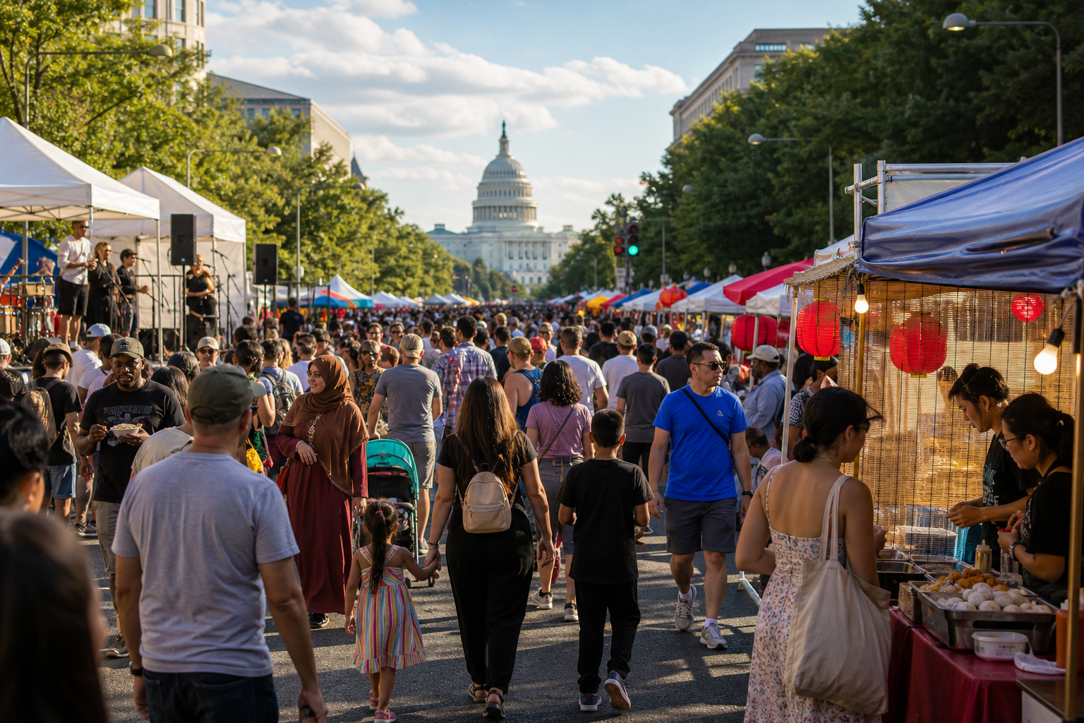 AI-generated editorial image of a Washington DC summer street festival on Pennsylvania Avenue with the U.S. Capitol