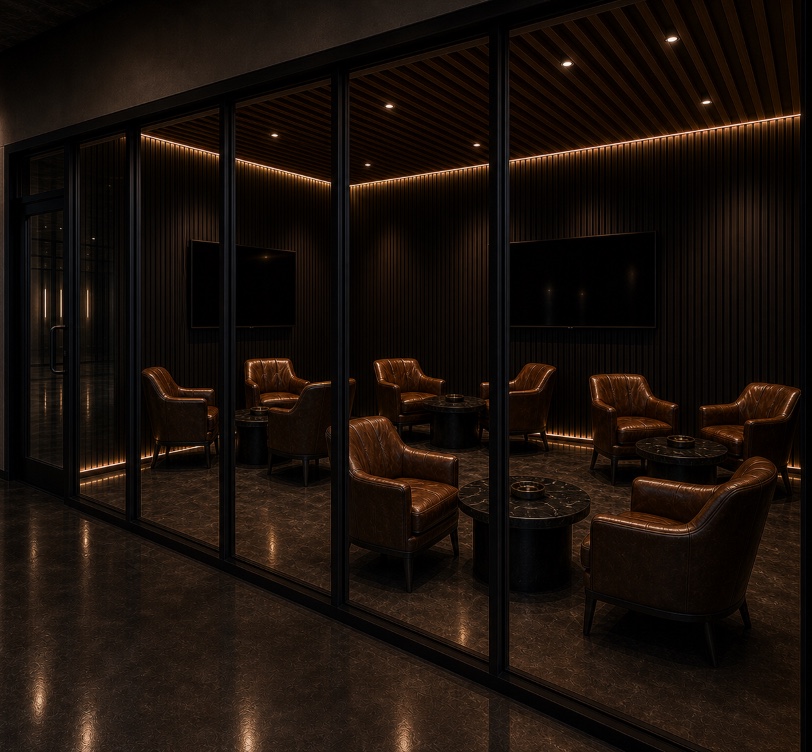 Rendering of a glass-enclosed cigar lounge with leather chairs planned for The Tysons Club in Tysons Virginia
