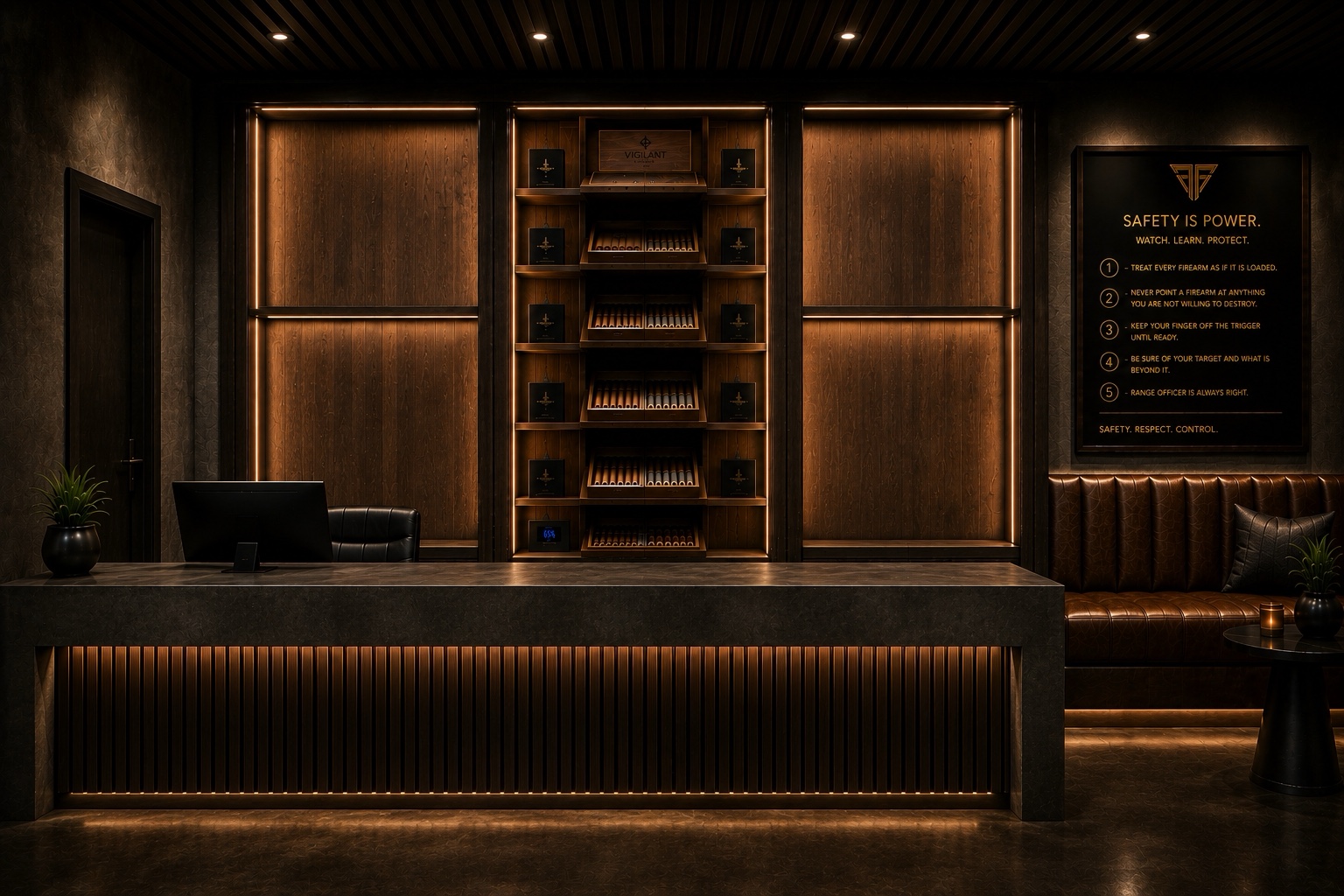 Rendering of The Tysons Club reception desk and illuminated cigar humidor in Tysons Virginia
