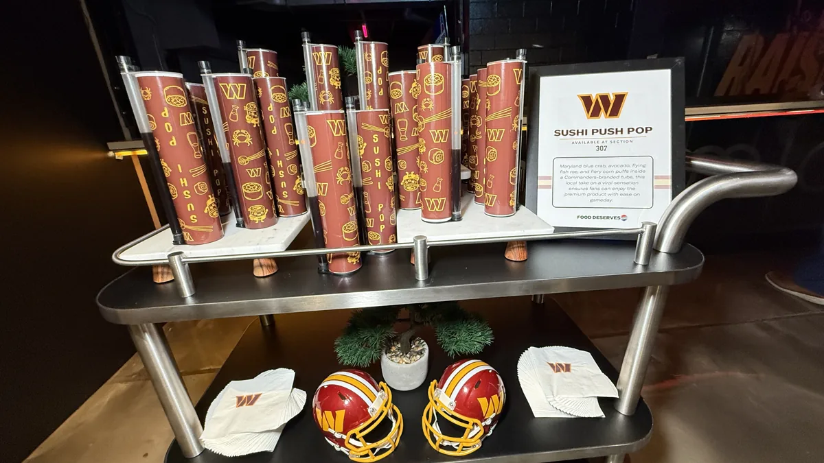 Sushi push pops in burgundy Commanders tubes at the 2026 Flavors of the Season preview