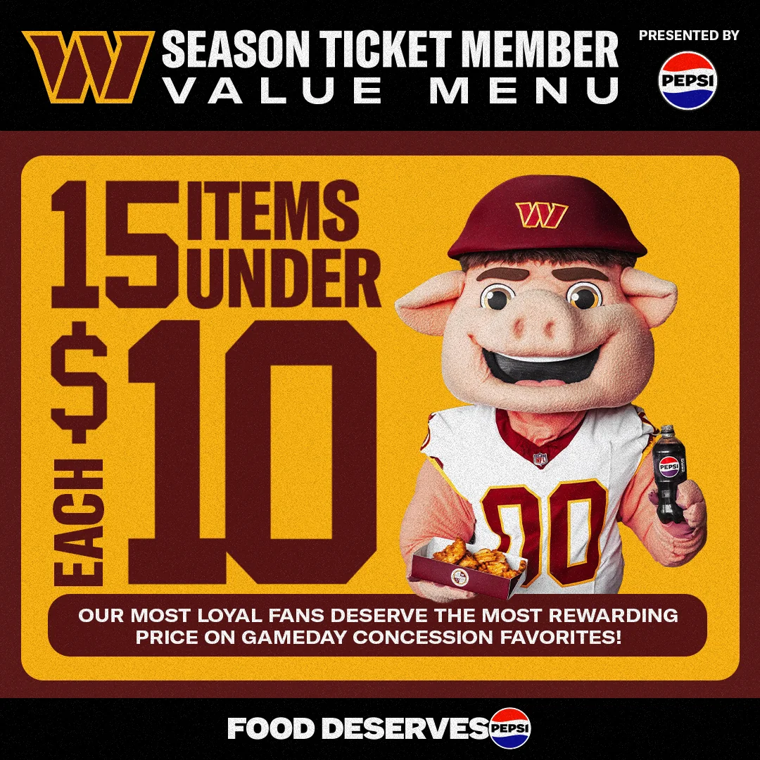 Major Tuddy promoting the Commanders season ticket member value menu with 15 items under $10