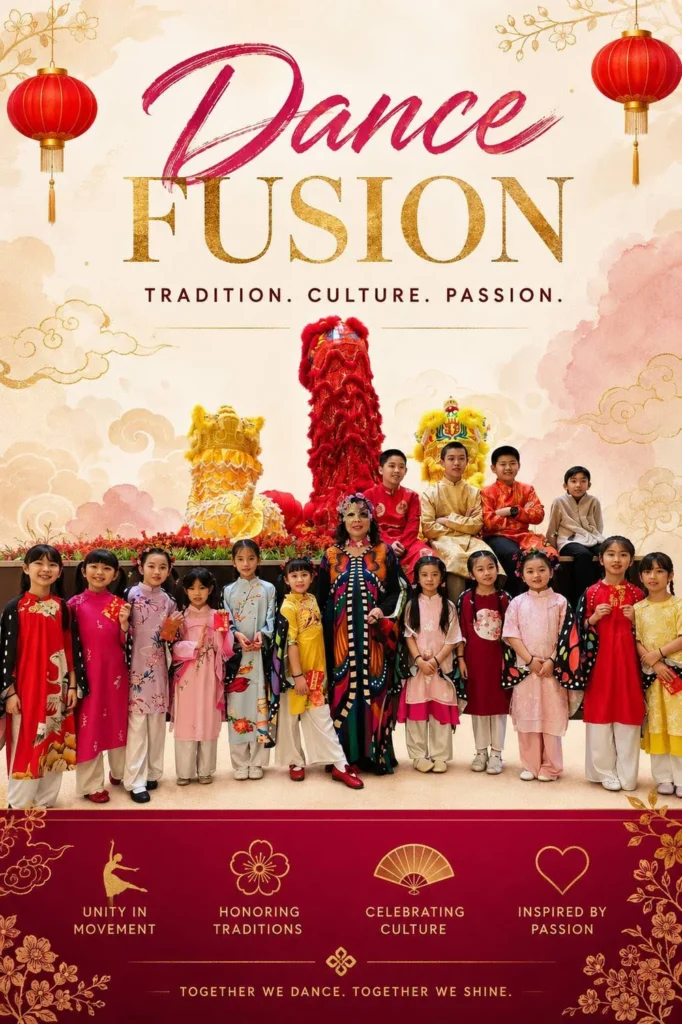 Dance Fusion poster with lion dance heads and children in traditional Vietnamese dress, subtitled Tradition, Culture, Passion