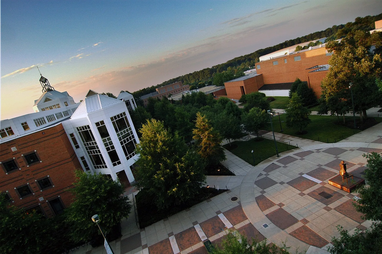 Aerial view of the Johnson Center and the brick plaza on George Mason University’s Fairfax campus at dawn