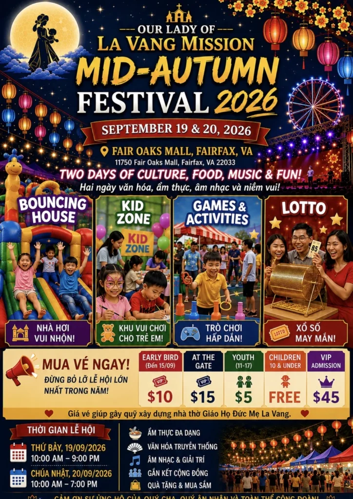 Our Lady of La Vang Mission Mid-Autumn Festival 2026 flyer: September 19 and 20 at Fair Oaks Mall, Fairfax, with a bouncing house, kid zone, games, lotto, ticket prices and hours