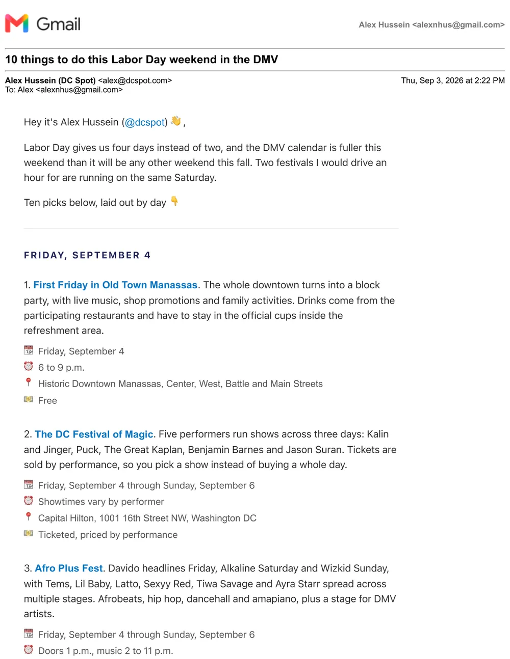 Page 1 of the DC Spot things-to-do newsletter for Labor Day weekend 2026