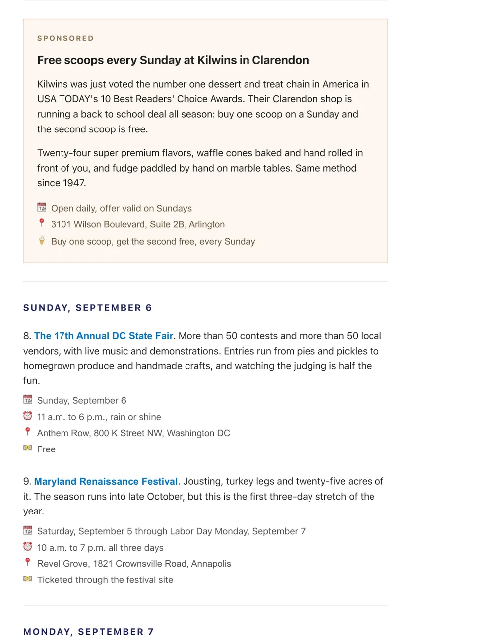 Page 3 of the DC Spot things-to-do newsletter for Labor Day weekend 2026, with the sponsored Kilwins blurb between the Saturday and Sunday sections