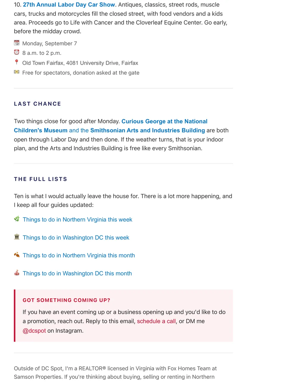 Page 4 of the DC Spot things-to-do newsletter for Labor Day weekend 2026