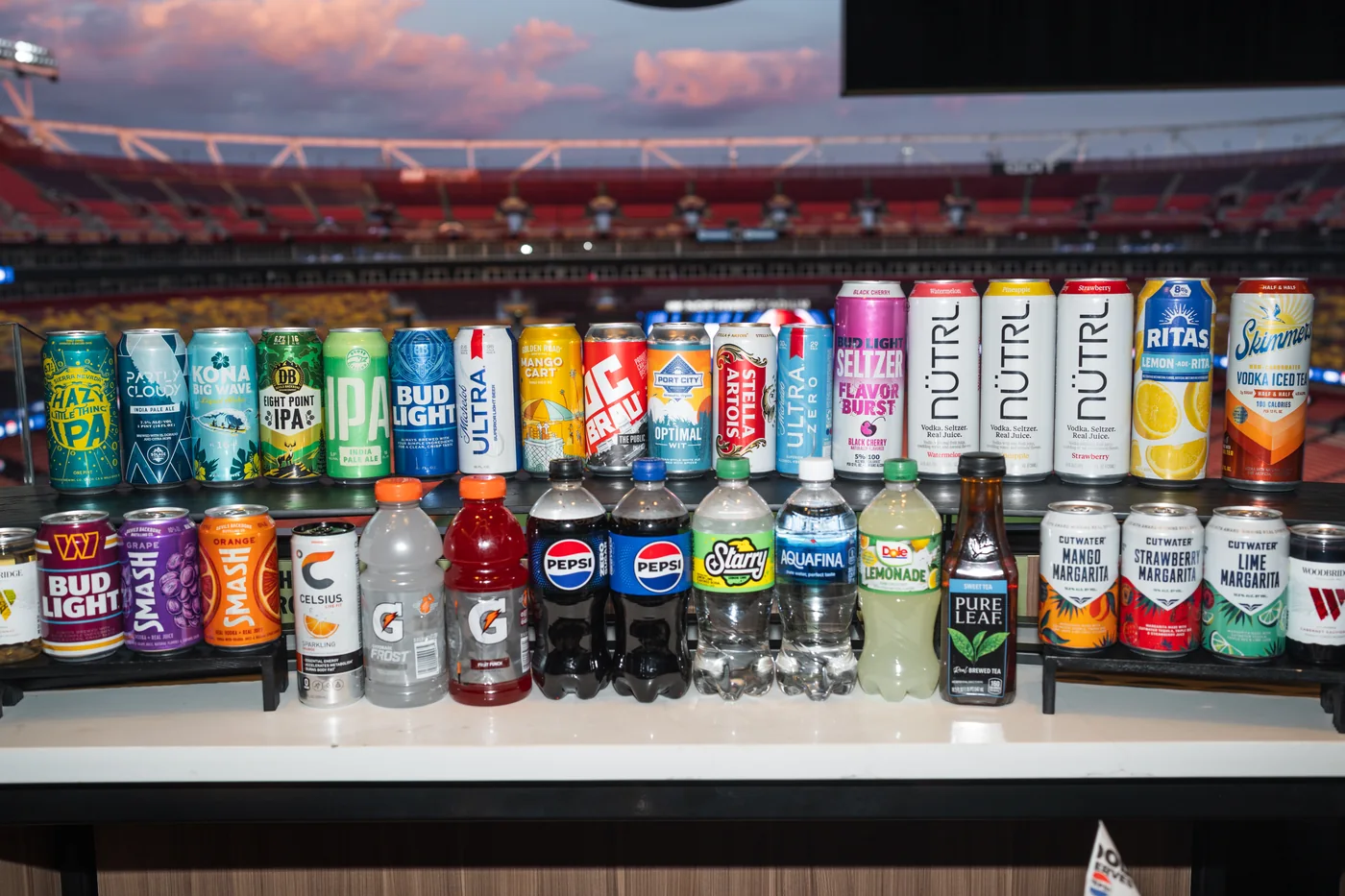 Beer, seltzer, soda, water and other drinks displayed at Northwest Stadium