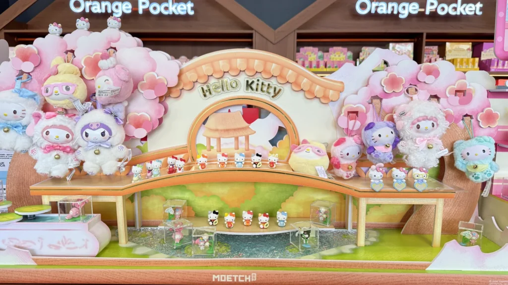 Hello Kitty, My Melody and Kuromi figures in a Sanrio display on a table at Orange Pocket Gaithersburg