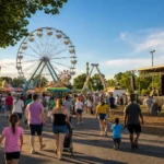 AI-generated editorial illustration of a Northern Virginia fall festival with a Ferris wheel, food stalls and families on a fairground